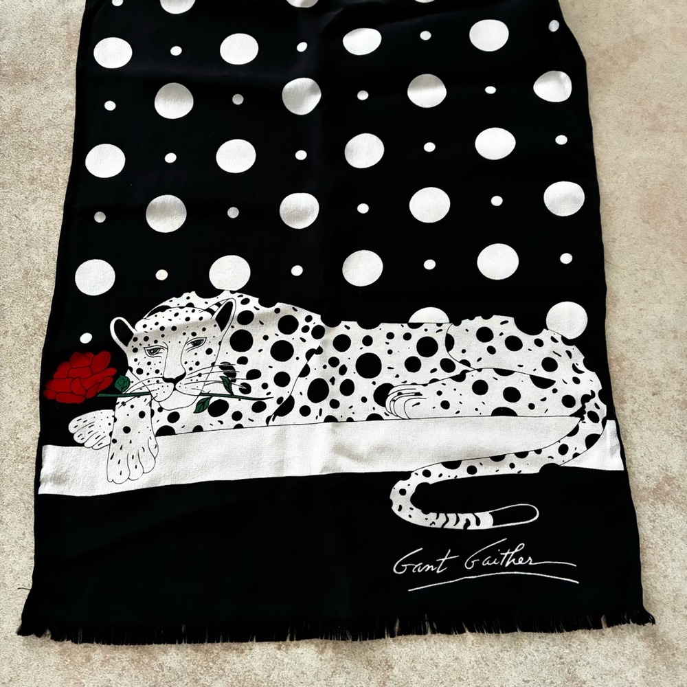 Vintage Gant Gathier Zoophisticates Black & White Leopard Rectangle Silk Scarf